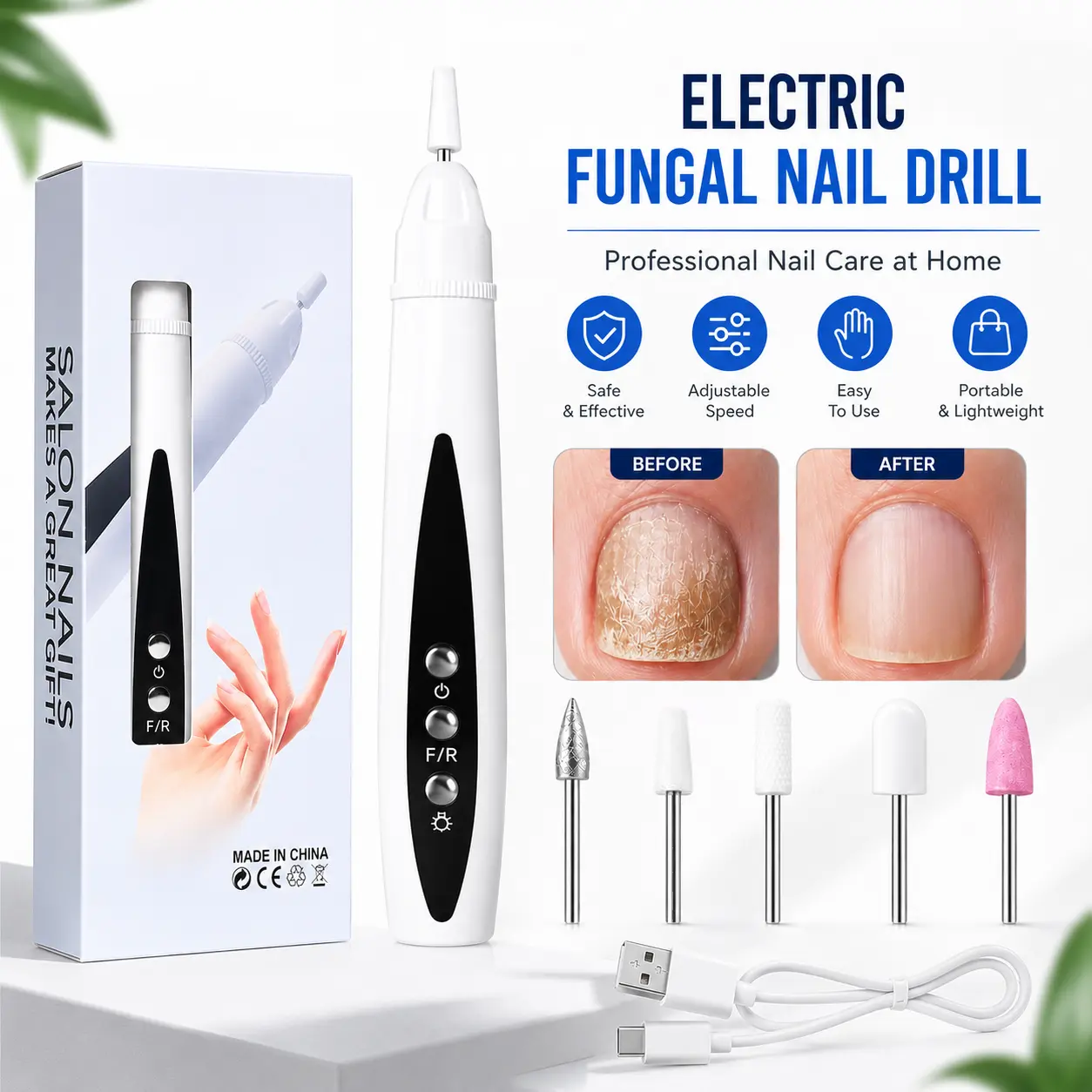 Rechargeable Nail Drill for Fungal Nails, Cordless Electric Nail File, Lightweight Professional Nail Care Tool for Thick Nails & Nail Repair