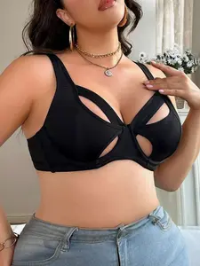 Plus Size Black Hollow Cut Out Fantasy-Elegant Plunge Bra with Adjustable Straps Medium Support Push-Up Lingerie for Daily Wear