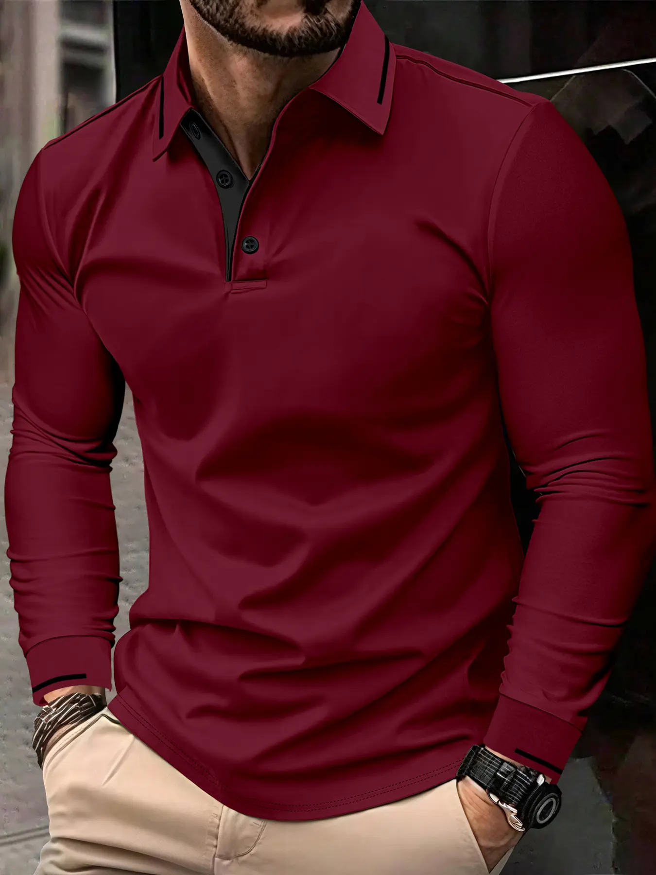 Men's Long Sleeve Plain Fitted Polo Shirt, Classic Casual Fashion Button Collar Design, Perfect for Spring & Fall Seasons, Daily Wear Men's Clothing, Casual Polo Shirts