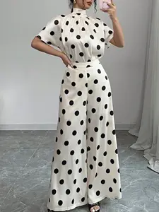 Women's Fashion Polka Dot Set, High Neck Short Sleeve Satin Blouse Top with Tie Back + Wide Leg Pants, Casual for Daily Wear, Womenswear