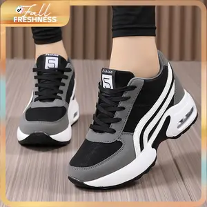 Breathable Women's Walking Sneakers.Women's High Top Shoes Lace Up Lightweight Walking Shoes Slip Resistant Fashion Air Cushion Sneakers,heightboosters,on cloud women's shoes.598 Black Work