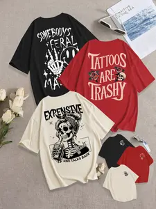 Women's Breathable Casual T-Shirt, Loose Fit Round Neck Design, Skull & Milk Tea Print, Daily Wear, Fashion Comfort Versatile Top Three Pack