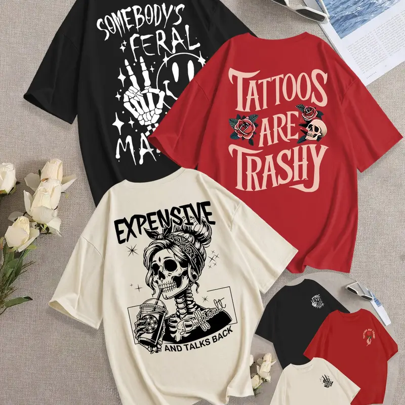 Women's Breathable Casual T-Shirt, Loose Fit Round Neck Design, Skull & Milk Tea Print, Daily Wear, Fashion Comfort Versatile Top Three Pack