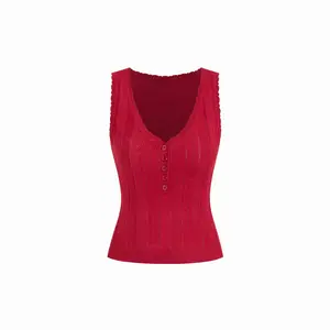 Cider Jacquard V-Neck Button Front Slim Crop Top