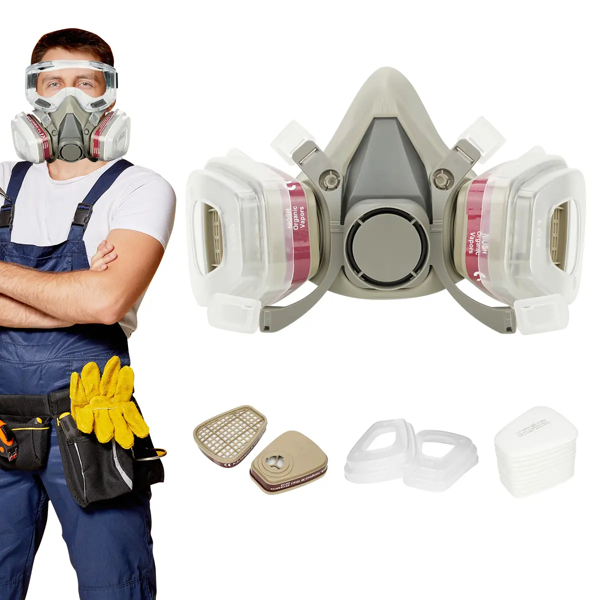 Reusable Respirator Mask with Goggles – Half-Face Dust & Vapor Respirator with Integrated Eye Protection, Reusable Filter Box & Protective Seal. Safety Mask for Painting, Woodworking, Sanding, Grinding, Renovation, Chemical Work & DIY Projects