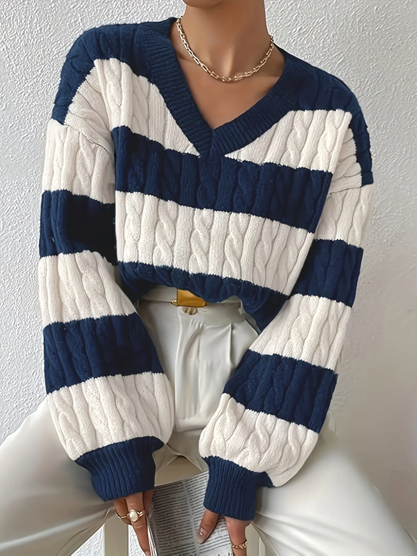 Women's Oversized V-Neck Striped Knitwear, Chunky Cable Knit Long Sleeve Pullover, Loose Fit Sweater for Daily Layering, Chic Ladies Fashion, Aesthetic, Womenswear, Knitting