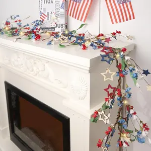 4th of July 6ft Garland with Timer, Independence Day Decor Lighted Vine Branch Garland Patriotic Red White Blue Star Ornaments and LED Twigs for Mantel Fireplace
