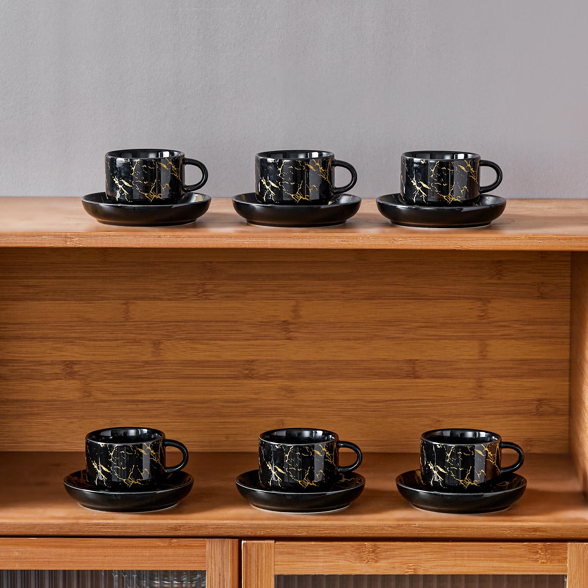 MALACASA 3/5/9 OZ Porcelain Espresso Cups (includes saucers and metal cup holder) 6-Piece Set, Stackable Cappuccino Cups, Coffee Cups, and Tea Cups, Marble-Patterned Espresso Cup Set, Perfect for Espresso, Lattes, and Tea