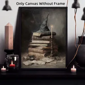 1Pc Optinal Frame Witch Hat And Her Grimoire Wall Art, Canvas Art And Prints For Walls, Halloween Poster, Dark Art, Room Decor, Waterproof Canvas Wall Art, Artwork Wall Painting For Gift, Bedroom, Living Room, Home Decoration