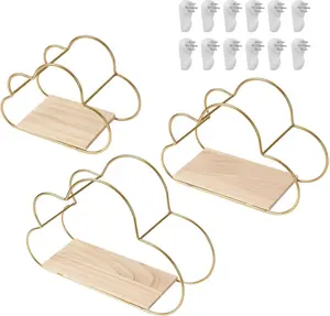 Cloud Shape Floating Shelves Wall Decor, Metal Wire and Wood Base Wall Mounted Shelf Decorations for Home Bedroom Living Room (Golden) Set Wooden
