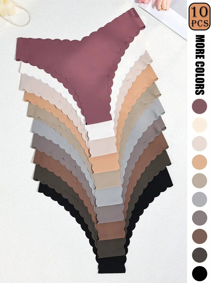 10pcs Seamless Women's Panties With Scalloped Wavy Edge, Maillard Color Palette - Soft And Comfortable Nylon Blend Underwear, Brown And Purple Multi-Tone, Low Waist, Elastic Fit, Opaque, Comfortable Underwear|Minimalist Style|Elastic Nylon Blend