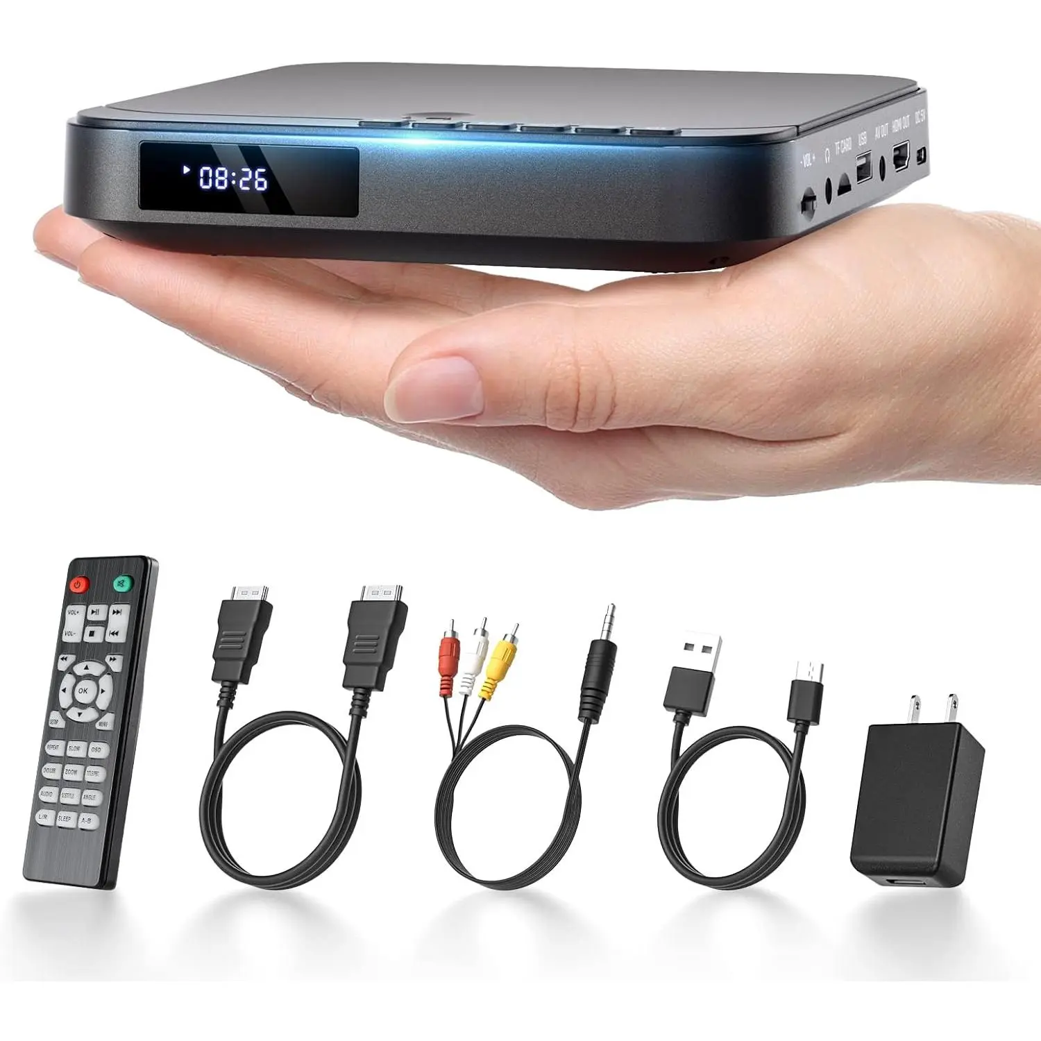 Compact Travel Mini DVD Player - 1.1 lb, Full HD 1080P (1920x1080), All Region Free, HDMI, RCA AV Output, USB/TF Card Slot, Remote Control, PAL/NTSC Support, Audio CD Playback, Solid Sound for Smart TV