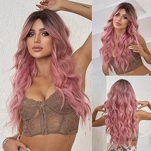 26 Inch Pink Long Wigs for Women Wavy Wig Middle Part Curly Wigs Natural Looking Hair Replacement Wigs for Party Daily Use Pastel Wavy