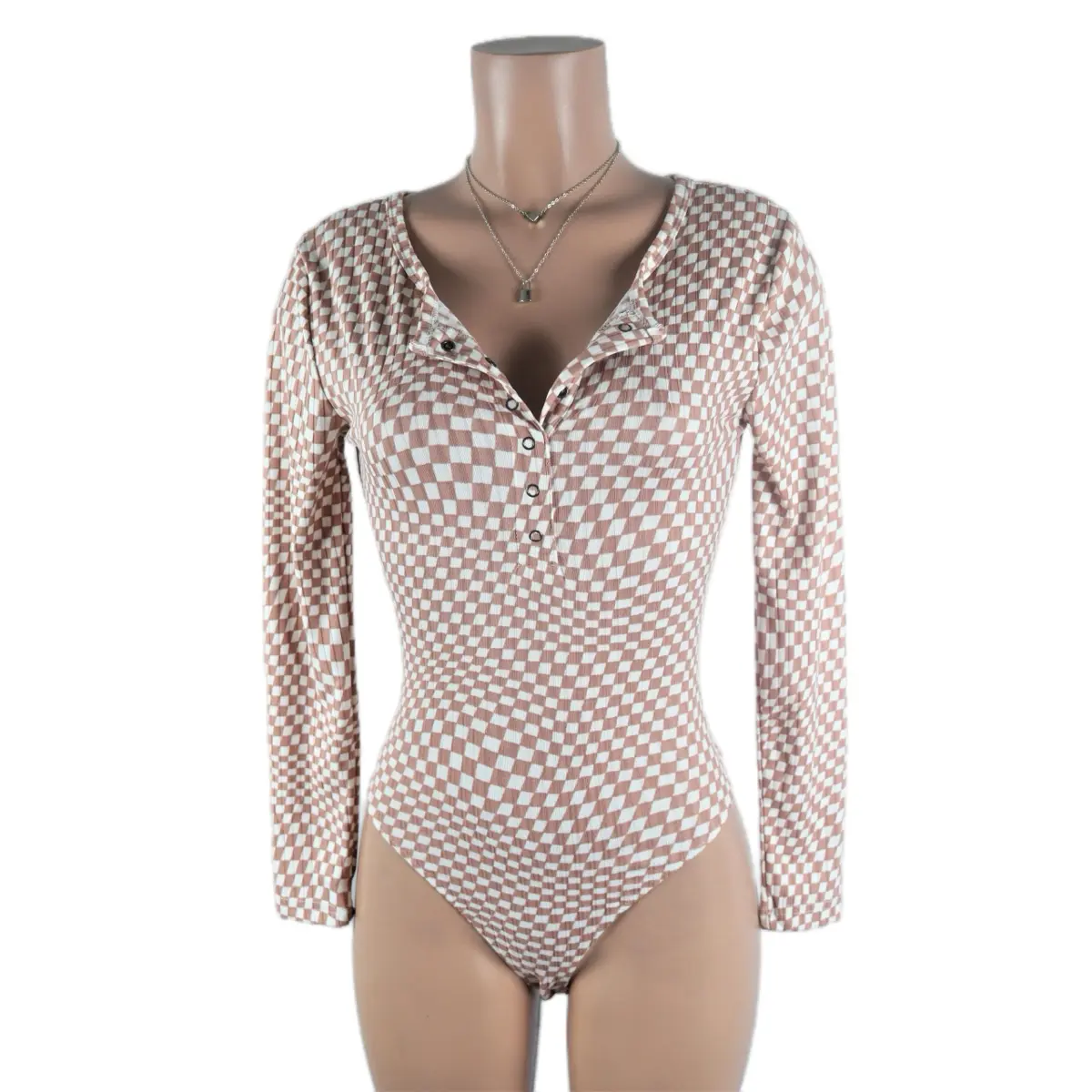 Brown Checker Suit Long Sleeve Bodysuits Polyester Womenswear