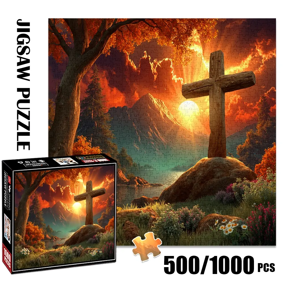 1pc 1000 piece adult puzzle 58x58cm Cross in Scenic Mountainous Landscape with Sunset and Autumn Trees 500 pieces of paper puzzle, suitable for adults and families, large-scale DIY puzzle interactiv
