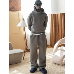 Solid Color Casual Sportwear Men's Fashion High Street Oversize Loose Hoodie and Drawstring Pocket Straight Pants Two-piece Set