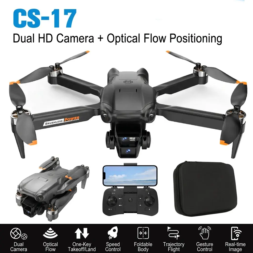 CS17 Foldable Brushless Drone with 4K Dual HD Camera, Optical Flow Positioning Stable Hover, Waypoint Trajectory Flight, Gesture Photo, Modular 1800mAh Battery Real-Time FPV Video Transmission RC Quadcopter for Adults Beginners Aerial Photography
