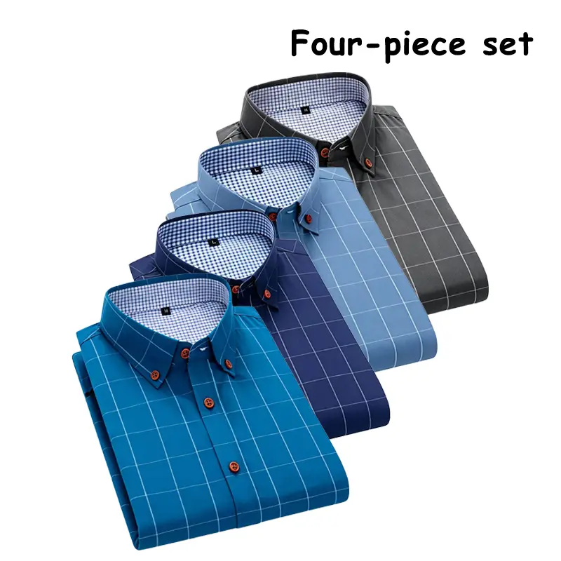 Men’s formal business dress shirts, 4-pack, long sleeves, window plaid, button-up tops, multicolor, four-piece office work outfit bundle