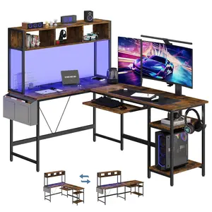 67IN L Shaped Reversible Gaming Desk with Led Lights Corner Table Keyboard Tray Side Bag Storage Shelf Wood Table for Office