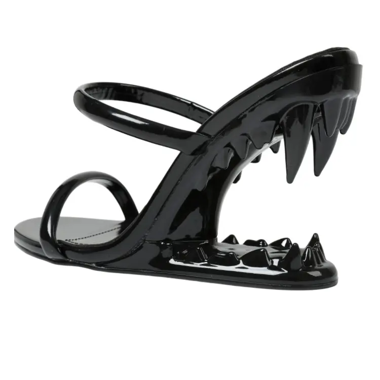 Avant-Garde Beast Teeth Sculptural Heel Sandals with Dual Thin Straps, Open Square Toe, Metallic Glossy Finish, Slip-On Slide Sandals – Available in Multiple Colorway Options
