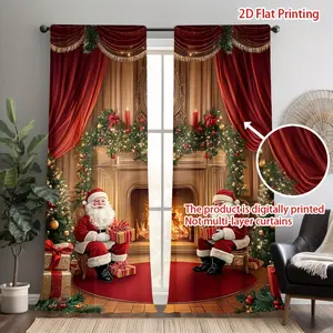 2D flat, 2-piece set, Holiday Santa Fireplace Curtains - red and gold holiday decorations with Christmas trees, gifts, and a warm fireplace scene, easy to hang in bedrooms, living rooms, kitchens, offices, home decorations, Christmas decorations.