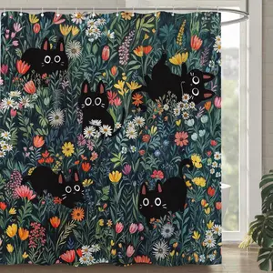 Cute Cat Shower Curtain, Funny Black Cats Boho Floral Daisy Flower Shower Curtains for Bathroom Fun Kitten Animal Wildflower Farmhouse Waterproof Fabric Bath Curtain Decor 72 X 72 Inches