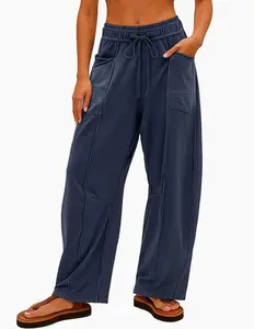Contrast Stitching Elastic Waist Barrel Pants