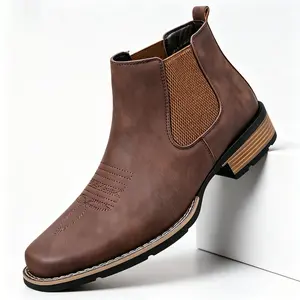 Men’s square-toe Western Chelsea boots featuring a casual embroidered design; ankle-height comfort with a stylish look. Simple work-casual shoes with a leather upper and a non-slip rubber sole. A versatile choice suitable for men,cowboy boots for men