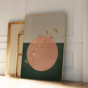 Flying Cranes Wall Art Print, Orange Sun and Green Japandi Decor, Abstract Japanese Birds Art, Large Living Room Wall Art, Unframed | 5 Size, 8x12 to 27x40 inch