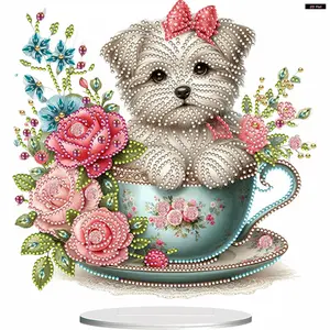 2D Flat Teacup Puppy Print DIY Diamond Painting Tabletop Ornaments Kit Table Top Diamond Painting Ornament Kits for Home Office Desktop Decor