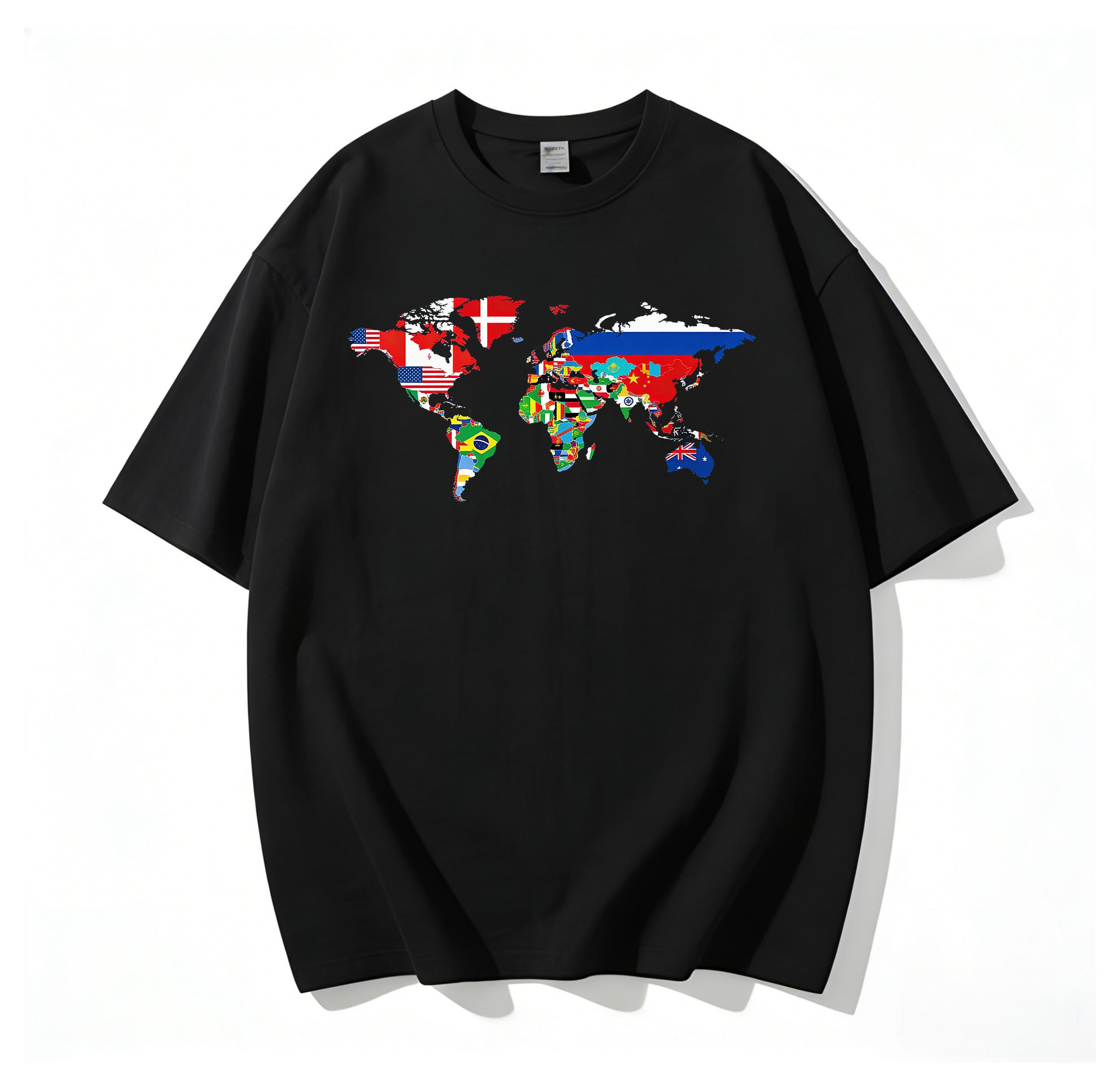 Plus Size Men's Short Sleeve Graphic Print World Map Country Flags T-shirt for Summer, Travel Wanderlust Tees Top Menswear Soft Cotton Unisex