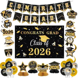 PIGETALE Graduation Decorations Set Class of 2026 Backdrop Congrats Grad Banner Hanging Swirls Streamers Honeycomb Centerpieces Balloons Kit for High Schoo