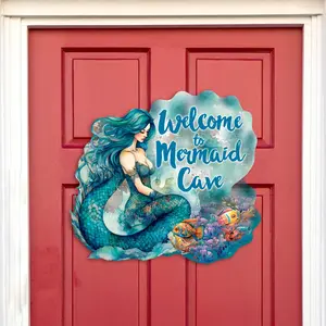 Designocracy 933112H 18x18 in. Engraved Wood Welcome to Mermaid Cave Decorative Home Sign, Holiday Door Decor Plaque, Decorative Home Signs