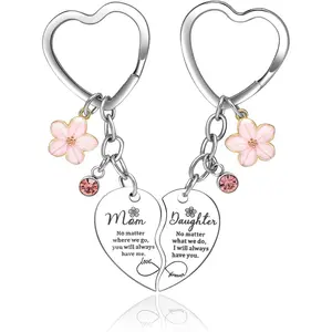 Mother's Day Gifts for Mom Daughter 2 Pcs Pink Flower Rhinestone Charm Mother&Daughter Heart Matching Keychain bag