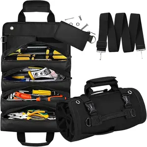 Roll Up Tool Bag, Portable Folding Tool Roll with Detachable Pouch, Heavy Duty Motorcycle Storage Organizer, Black