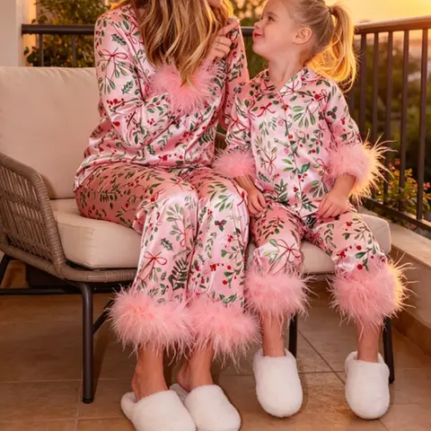 2026 Joviecrown Silky Mommy and Me Christmas Pajamas Set Feather Trim Long Sleeve Button Down Matching Xmas Sleepwear for Mother Daughter