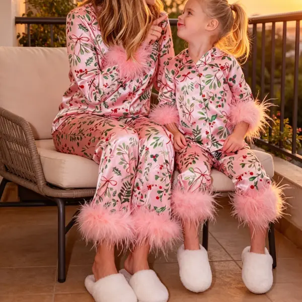 2026 Joviecrown Silky Mommy and Me Christmas Pajamas Set Feather Trim Long Sleeve Button Down Matching Xmas Sleepwear for Mother Daughter