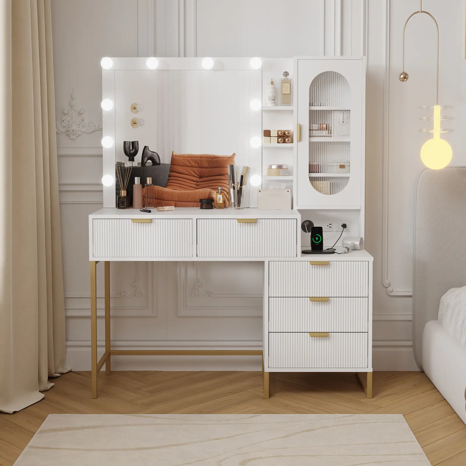 White and Gold Rattan Makeup Table with 5 Drawers for Bedroom Organization， Modern Vanity Desk with LED Power Outlet & Mirror