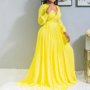Plus Size Women's Fashion Deep V Cross Pleated Front Chest Skirt Solid Color Pleated Flared Dress Formal Womenswear Comfort Basic Long Sleeve