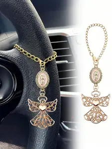 Angel Pendant Steering Wheel Ornament, Adjustable Chain Keychain, Multi-Color Car Accessories, Fashion Religious Car Decor