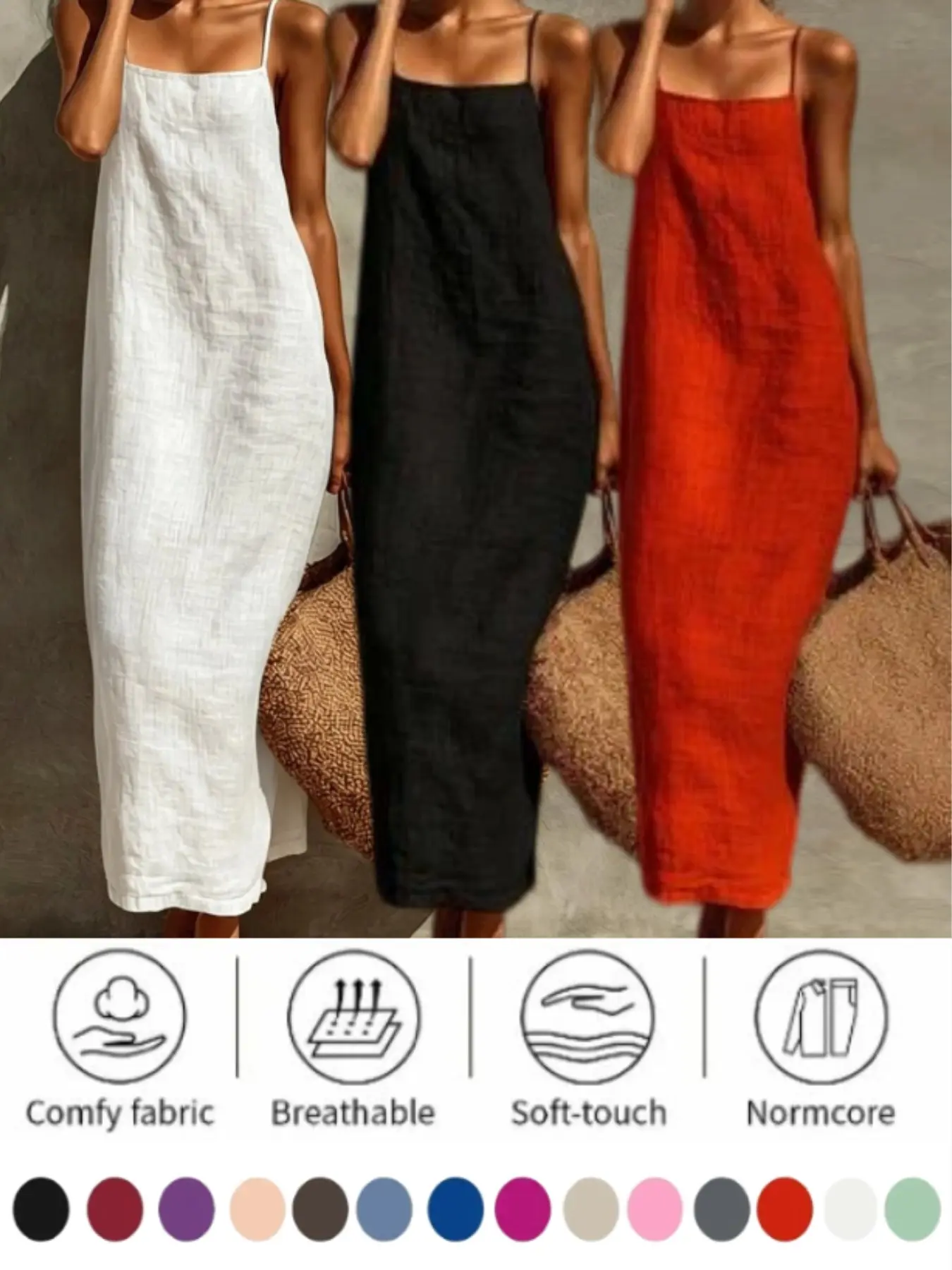 Summer Pure Color Basic Halter Long Dress for Women, Sexy Retro Lazy Casual Style, Cotton Linen Material, Breathable, Elegant and Comfortable Design