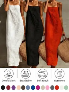 Summer Pure Color Basic Halter Long Dress for Women, Sexy Retro Lazy Casual Style, Cotton Linen Material, Breathable, Elegant and Comfortable Design