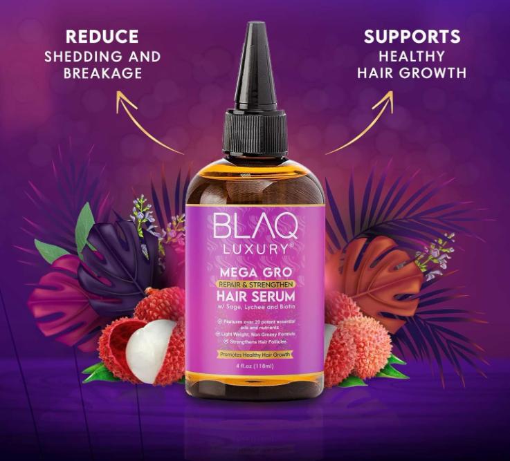 Blaq Luxury Hair Repair & Strengthening Serum With Biotin, Lychee & Sage, Essential Oils for Treating Split Ends and Dry Scalp, Non-Greasy Formula, 4oz