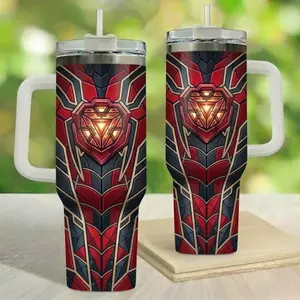 Red Steel Power Core 40oz Tumbler with Handle – Modern Tech Armor Style Insulated Travel Mug, Geometric Energy Design Cup for Daily Use & Gift