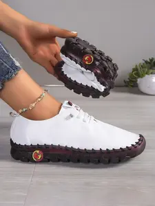 Women's Classic Leather Casual Flats, Trainer, Sneaker, Handmade Stitching, Comfortable Lace-Up Walking Shoes, Non-Slip Durable Rubber Sole, Lightweight Solid Color Slip-On Style, Perfect for Daily Casual Wear, Sports & Outdoor Activities