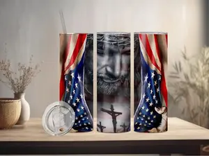 Jesus and the US Flag Tumbler 20 Ounces Stainless Steel Insulated Portable Water Bottles Versatile Design for Daily Use Faith & Patriotism Symbolism Cup Washable Portable Drinkware Stylish Flasks