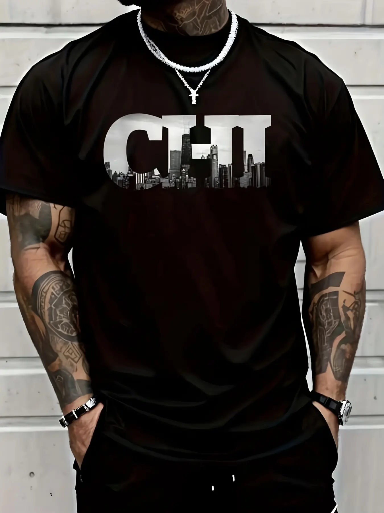 CHI Chicago City Skyline Of Downtown Chicago Illinois T T Shirt Graphic Tees Men Breathable Sweat Wicking and Soft Suitable for Daily Commutes Lounging at Home and Casual Wear.2026 New Year's Party Street Style Outfits T Shirts