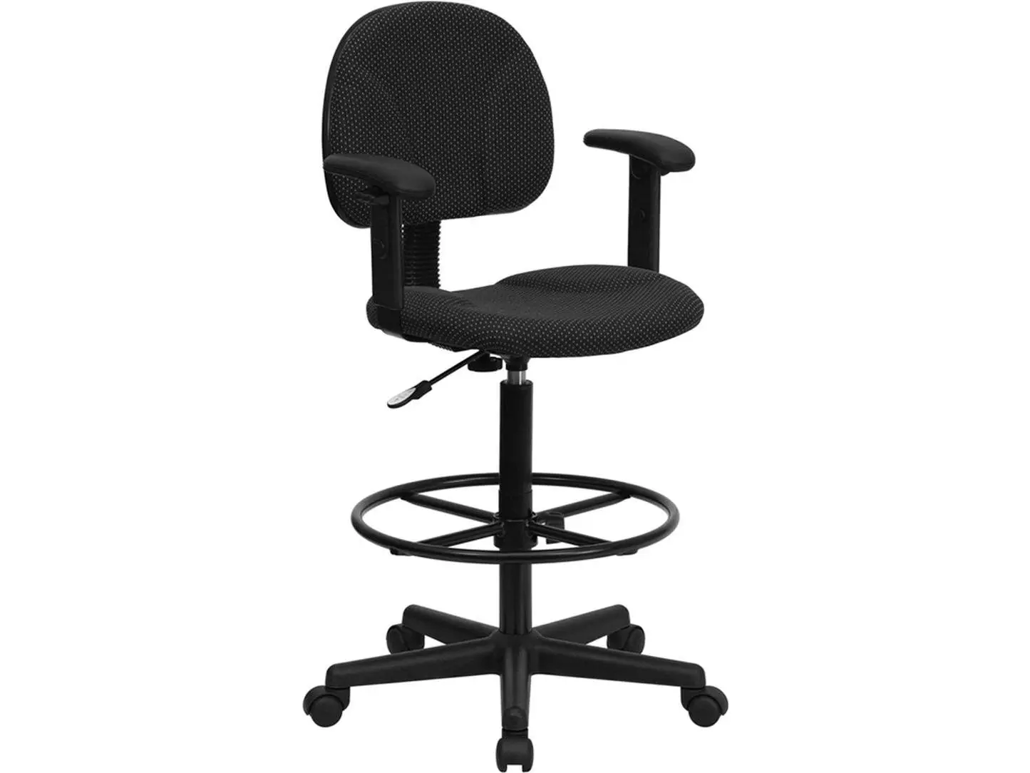 Ergonomic Drafting Stool - Black Patterned Fabric - Adjustable Height - Arms Included