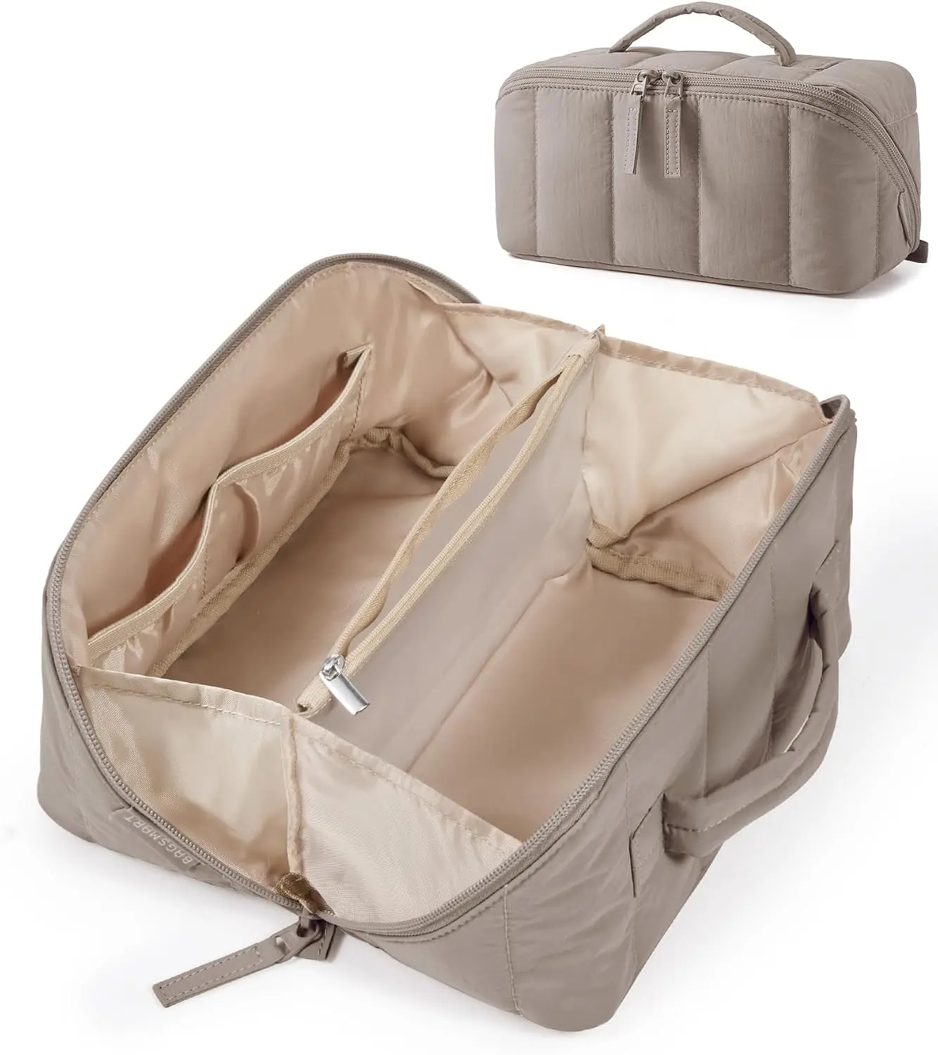 BAGSMART Puffy Travel Makeup Bag Toiletry Bag for Women, Brown | Open Flat, Portable, Make Up Organizer, Water-resistant, Puffy Padded, For Toiletries, Brushes