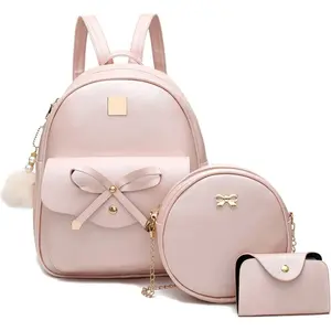 Grls Bowknot 3-Peces Fahson Leather Backpack Backpack Purse for Women Rucksack for Lades  Bag